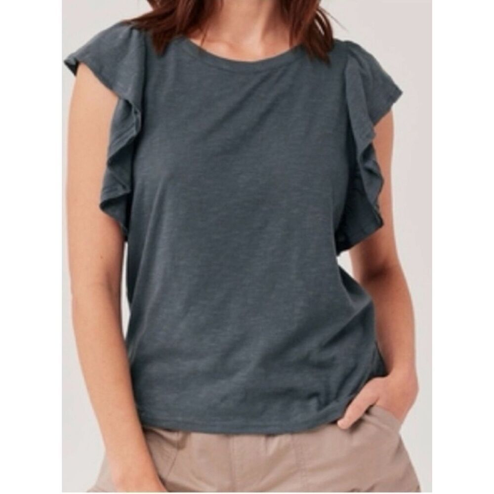 Pact Ruffle Sleeve Slub Tee Slate Blue Green Womens Medium